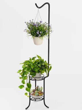 76" Tall 2-Tier Metal Plant Stand with Shepherd's Hook - Sturdy Indoor/Outdoor